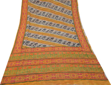 Sushila Vintage Mustard Sari Pure Georgette Silk Printed Floral Craft Fabric