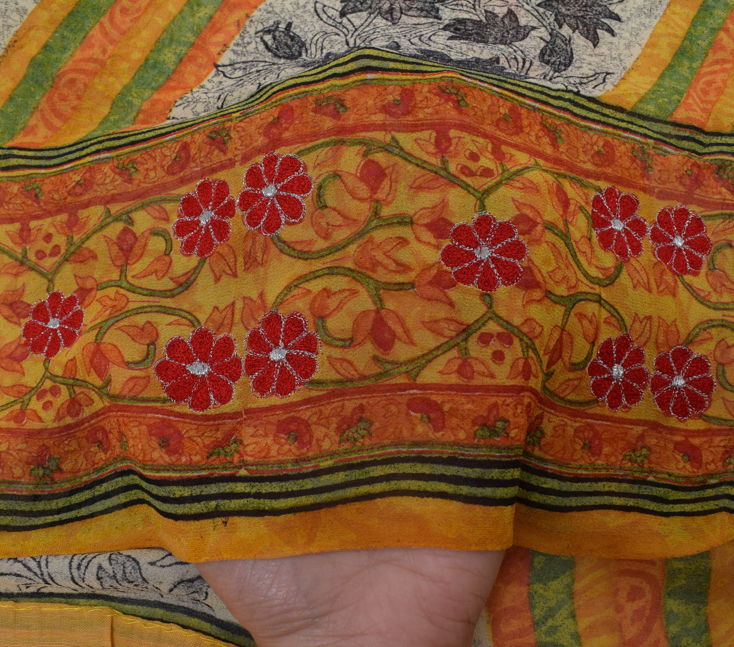 Sushila Vintage Mustard Sari Pure Georgette Silk Printed Floral Craft Fabric