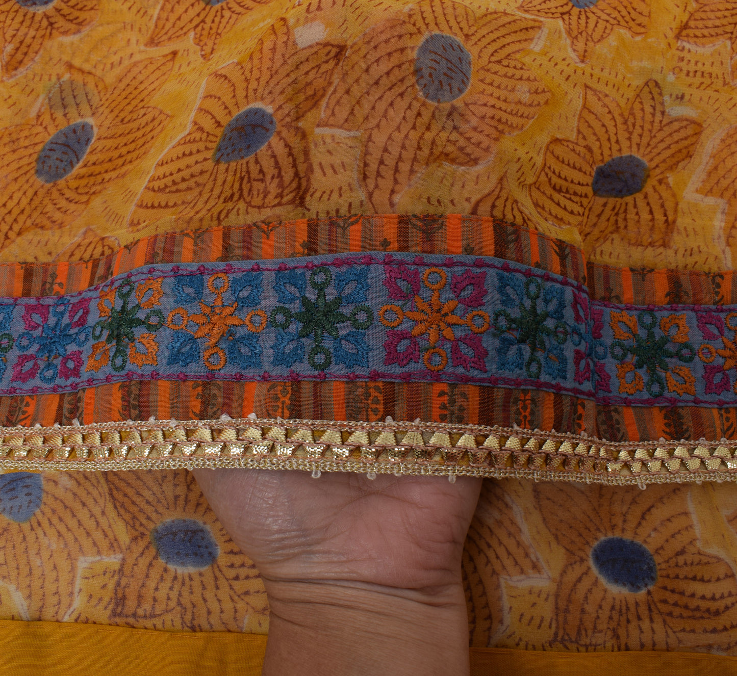 Sushila Vintage Mustard Sari Pure Georgette Silk Printed Floral Craft Fabric