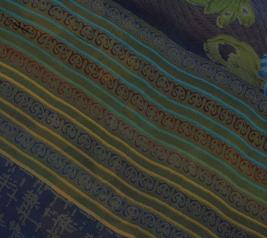 Sushila Vintage Gray Saree 100% Pure Georgette Silk Printed Floral Craft Fabric