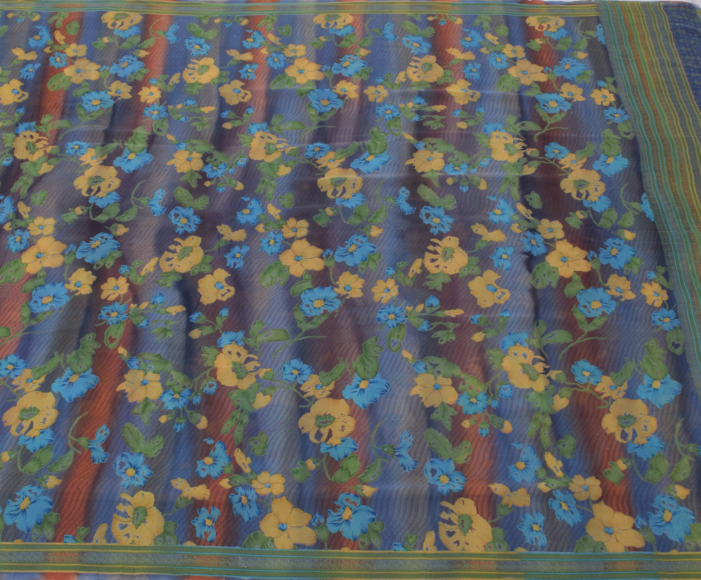 Sushila Vintage Gray Saree 100% Pure Georgette Silk Printed Floral Craft Fabric