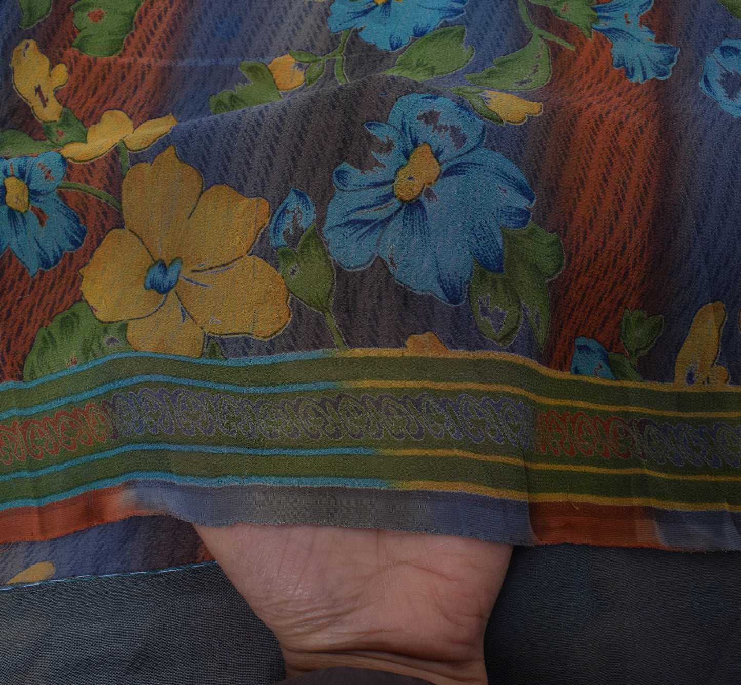 Sushila Vintage Gray Saree 100% Pure Georgette Silk Printed Floral Craft Fabric