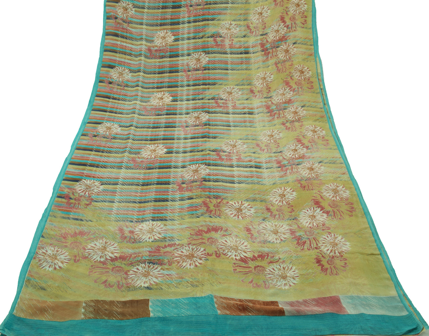 Sushila Vintage Green Saree 100% Pure Georgette Silk Printed Floral Craft Fabric