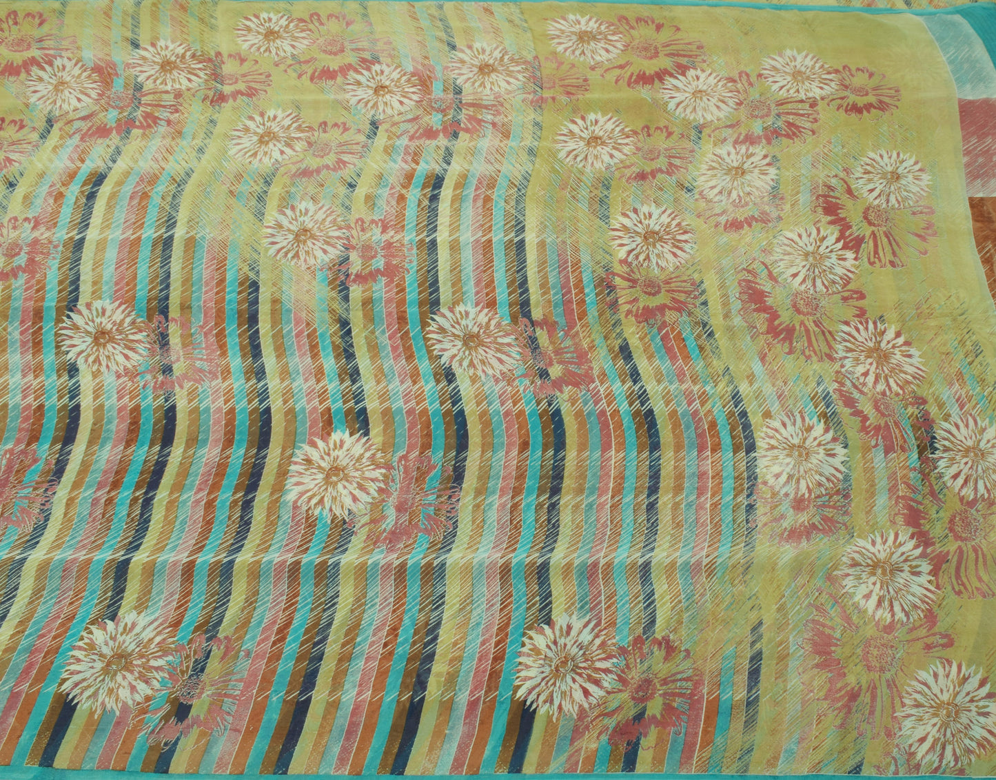 Sushila Vintage Green Saree 100% Pure Georgette Silk Printed Floral Craft Fabric