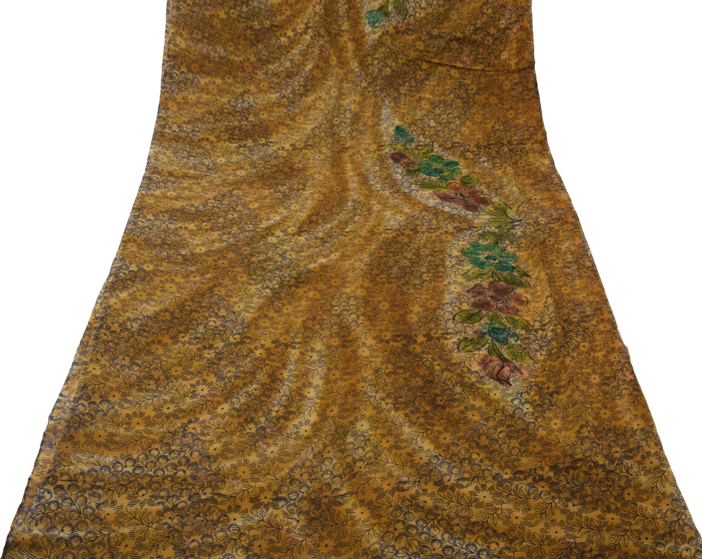 Sushila Vintage Green Saree 100% Pure Georgette Silk Printed Floral Craft Fabric