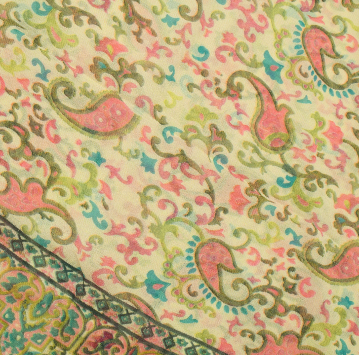 Sushila Vintage Cream Saree 100% Pure Georgette Silk Printed Floral Craft Fabric