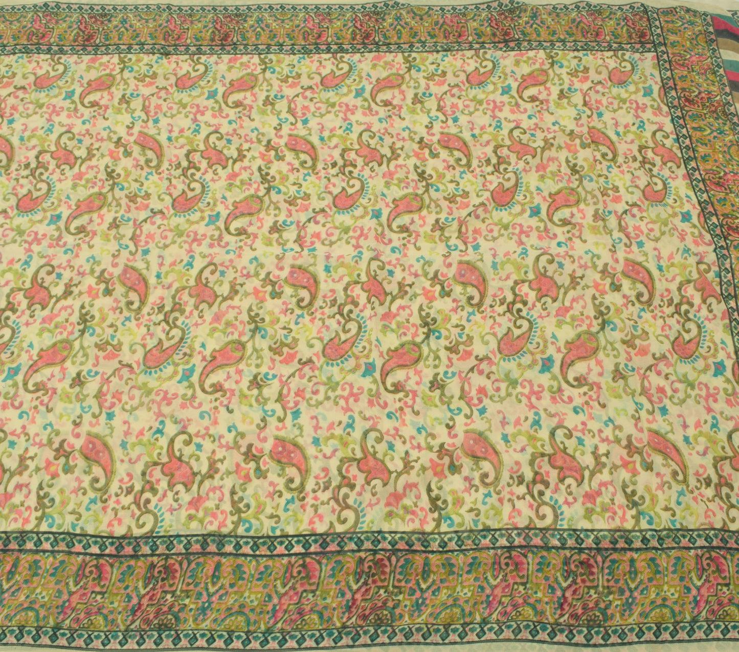 Sushila Vintage Cream Saree 100% Pure Georgette Silk Printed Floral Craft Fabric