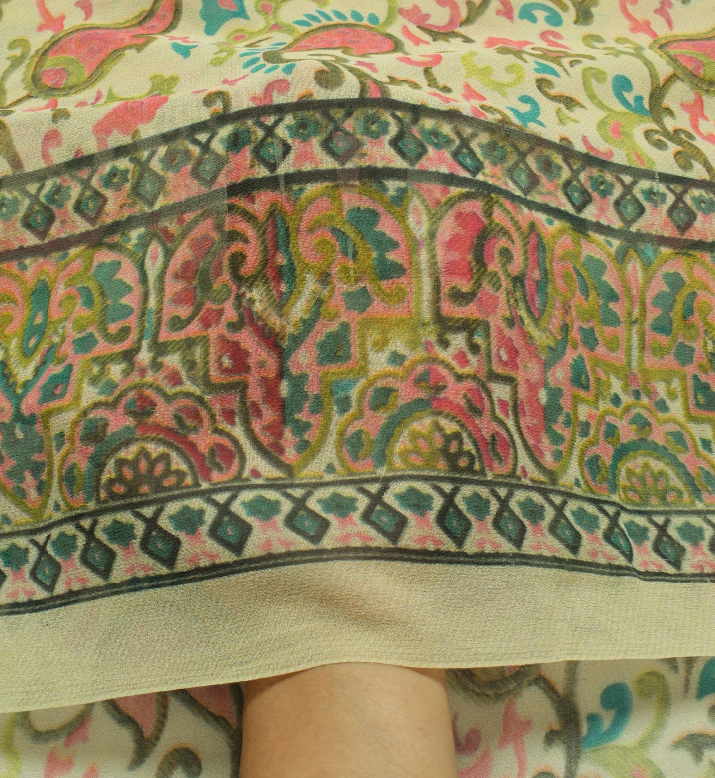 Sushila Vintage Cream Saree 100% Pure Georgette Silk Printed Floral Craft Fabric