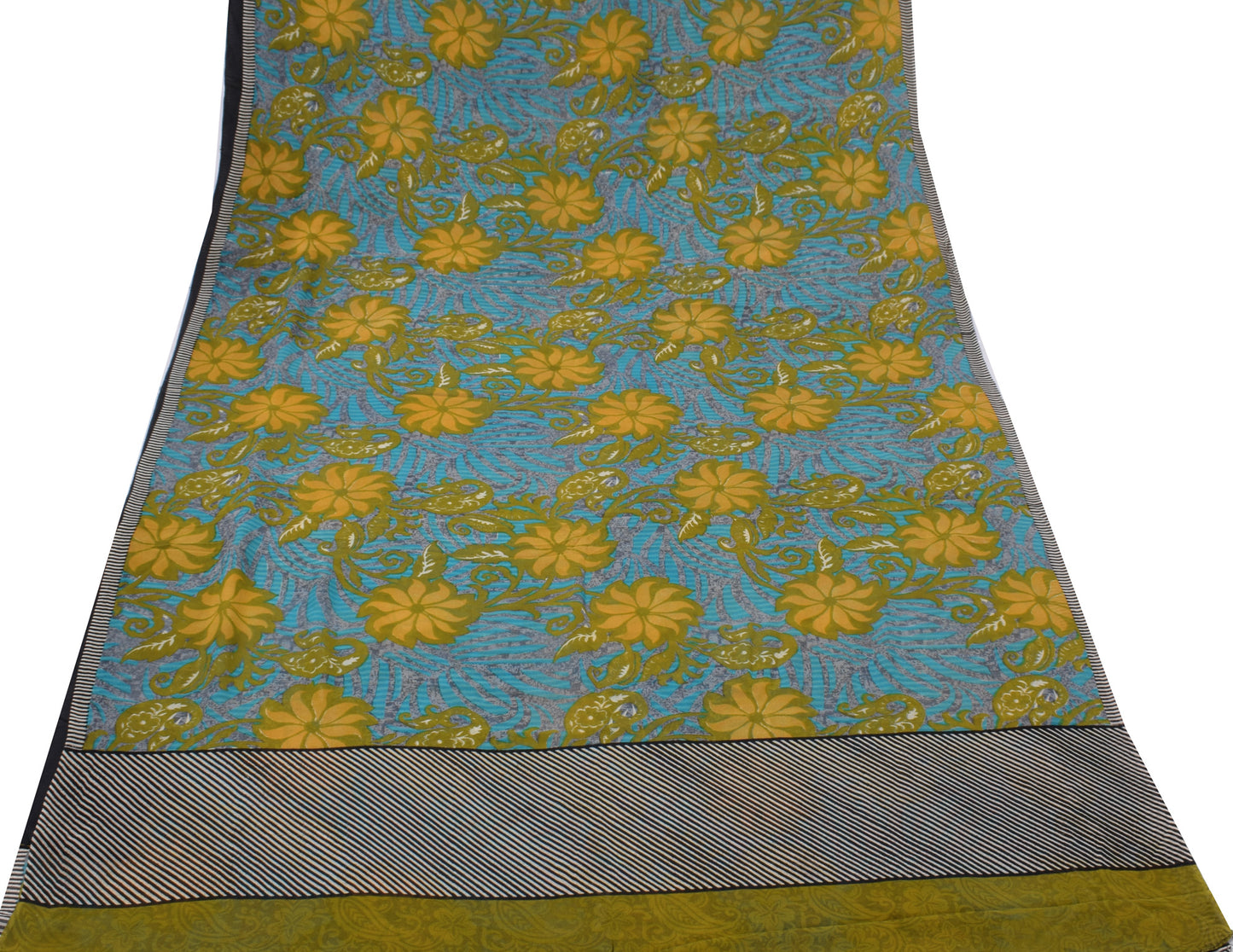 Sushila Vintage Blue Saree 100% Pure Georgette Silk Printed Floral Craft Fabric