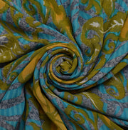 Sushila Vintage Blue Saree 100% Pure Georgette Silk Printed Floral Craft Fabric