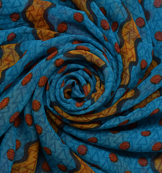 Sushila Vintage Blue Saree Blend Georgette Silk Printed Indian Craft 5 YD Fabric