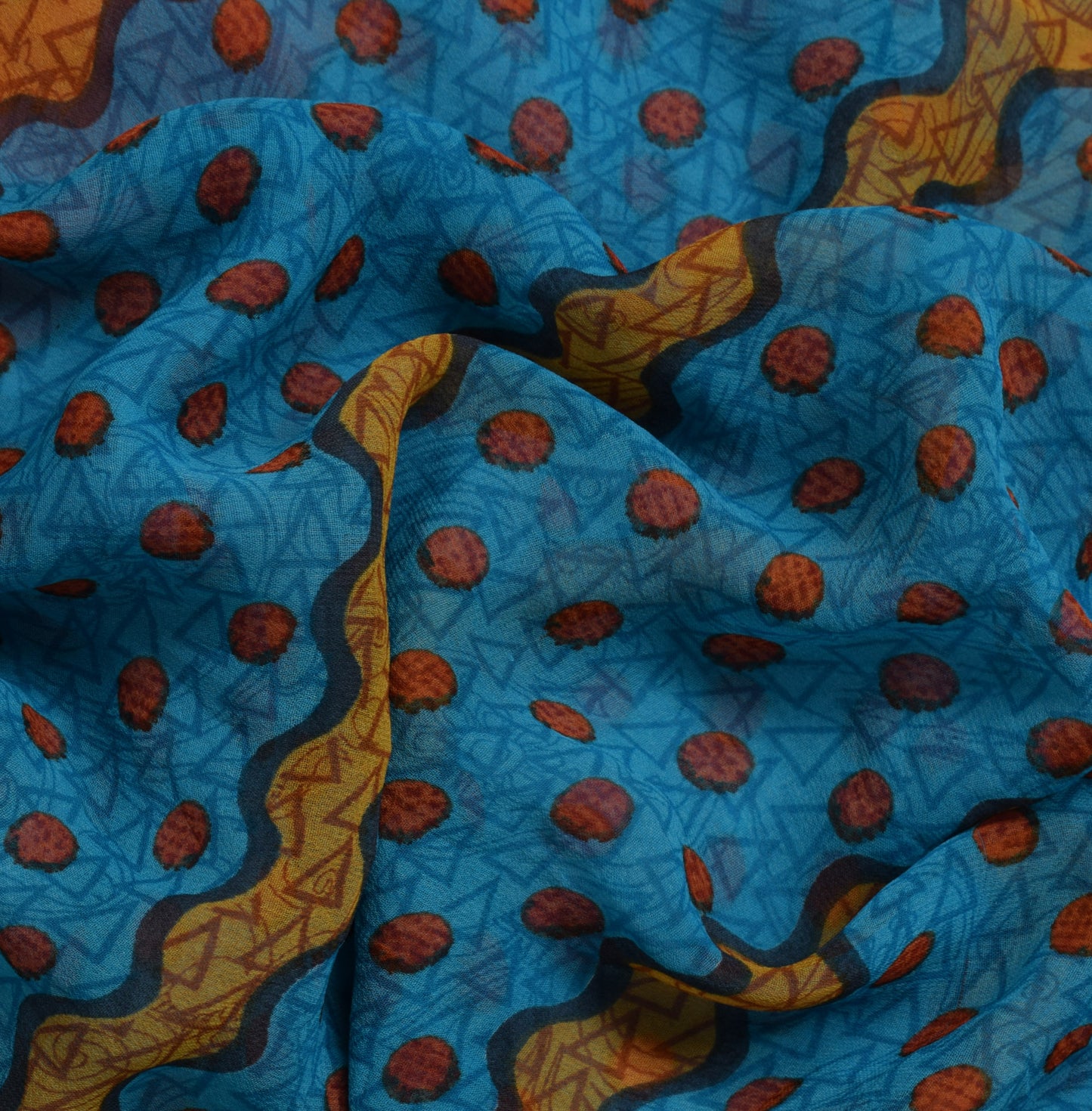 Sushila Vintage Blue Saree Blend Georgette Silk Printed Indian Craft 5 YD Fabric