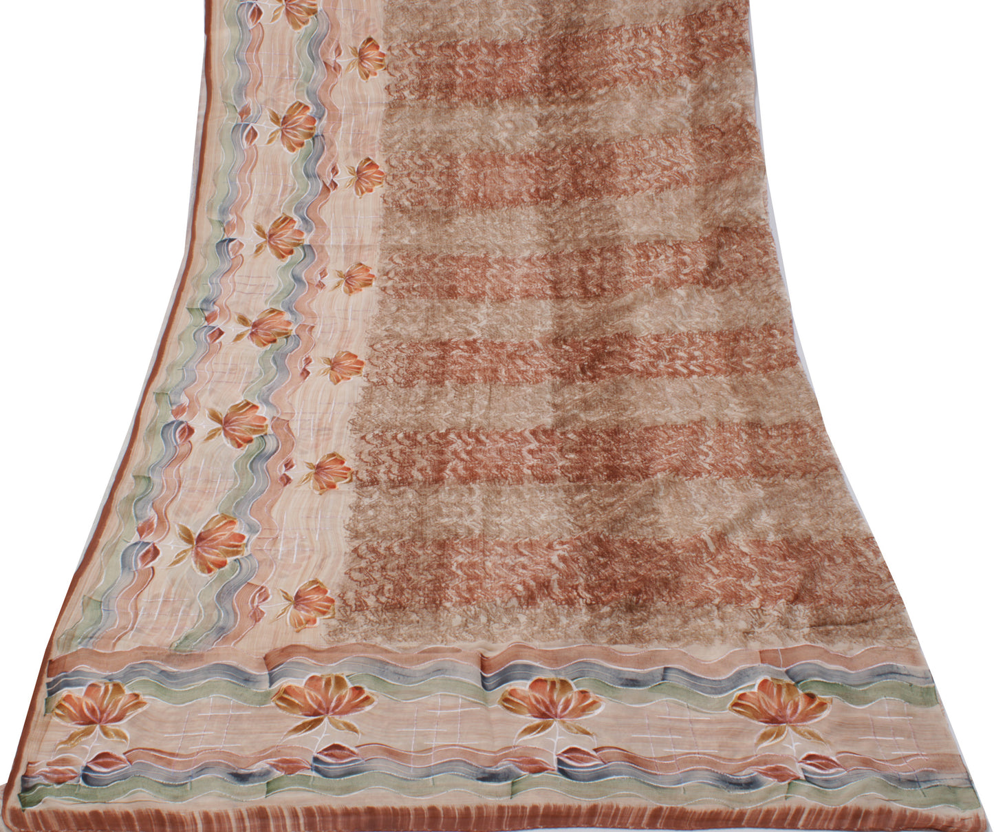 Sushila Vintage Cream Sari 100% Pure Georgette Silk Printed Floral Craft Fabric
