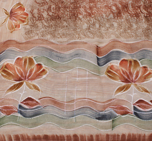 Sushila Vintage Cream Sari 100% Pure Georgette Silk Printed Floral Craft Fabric