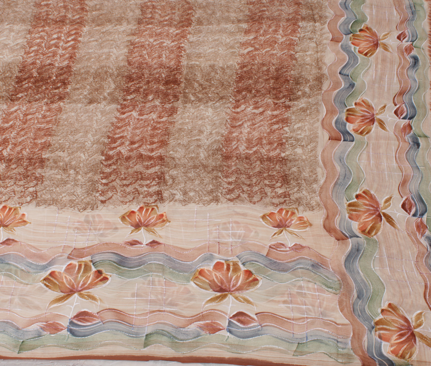 Sushila Vintage Cream Sari 100% Pure Georgette Silk Printed Floral Craft Fabric
