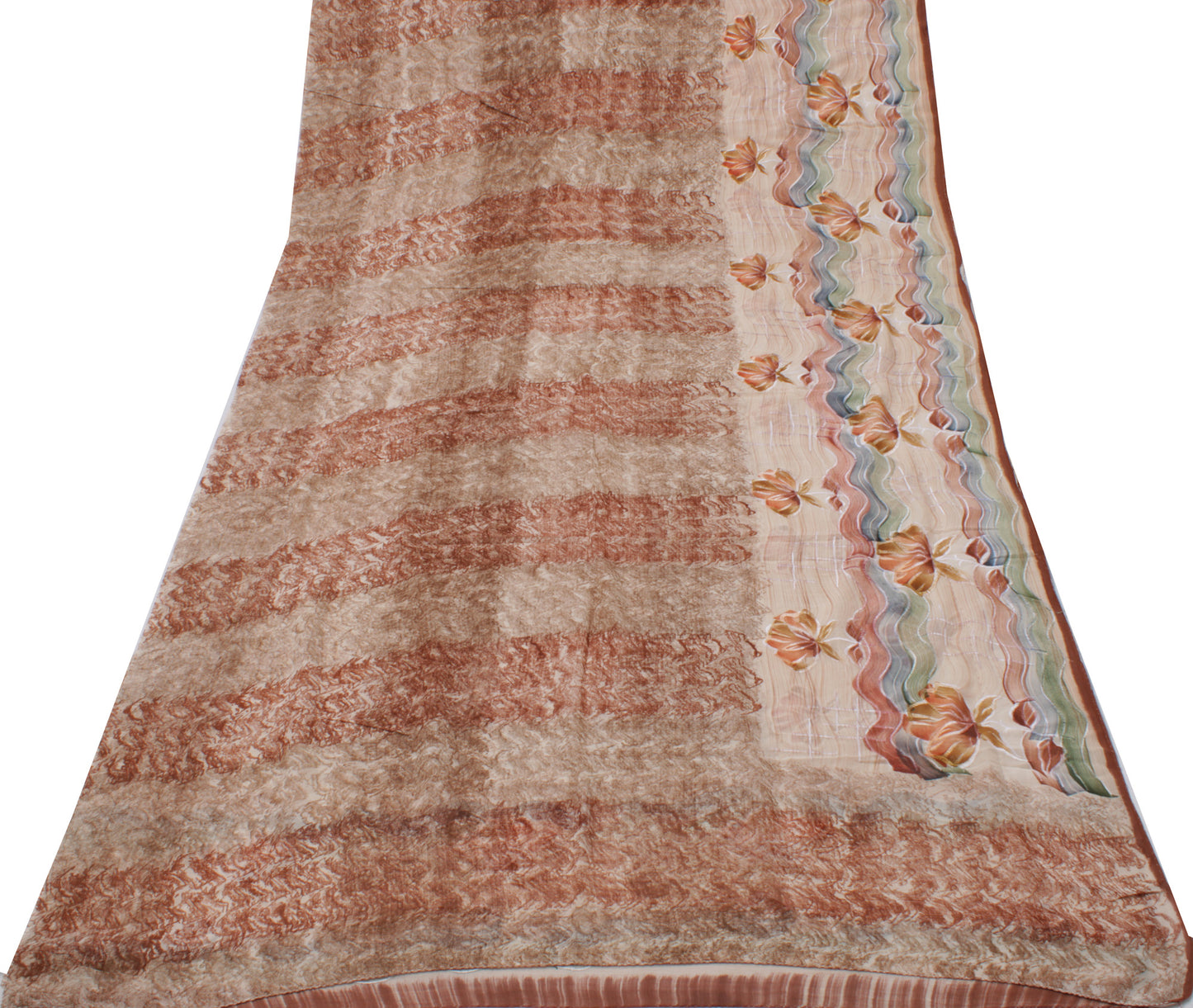 Sushila Vintage Cream Sari 100% Pure Georgette Silk Printed Floral Craft Fabric
