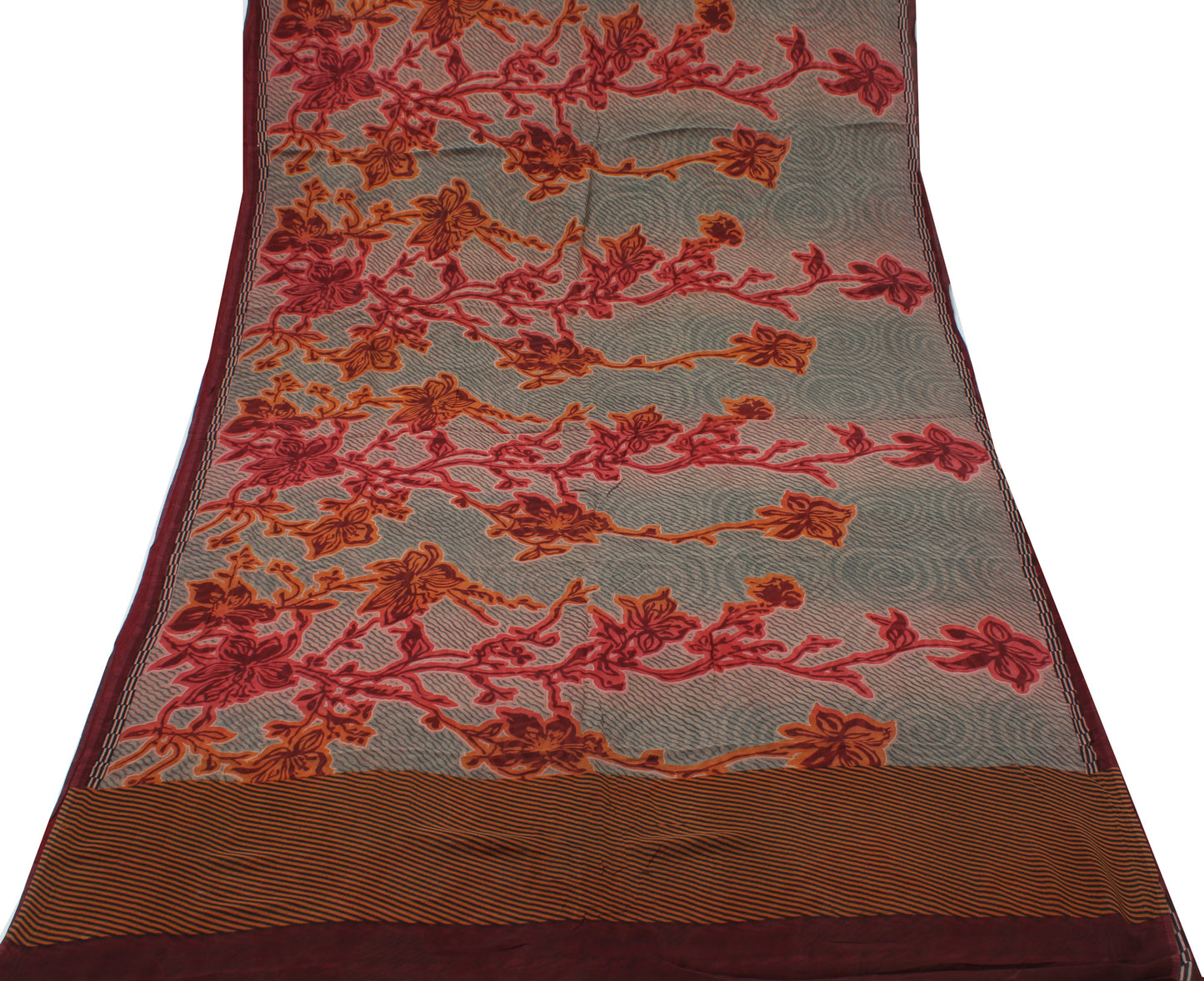 Sushila Vintage Gray Saree 100% Pure Georgette Silk Printed Floral Craft Fabric