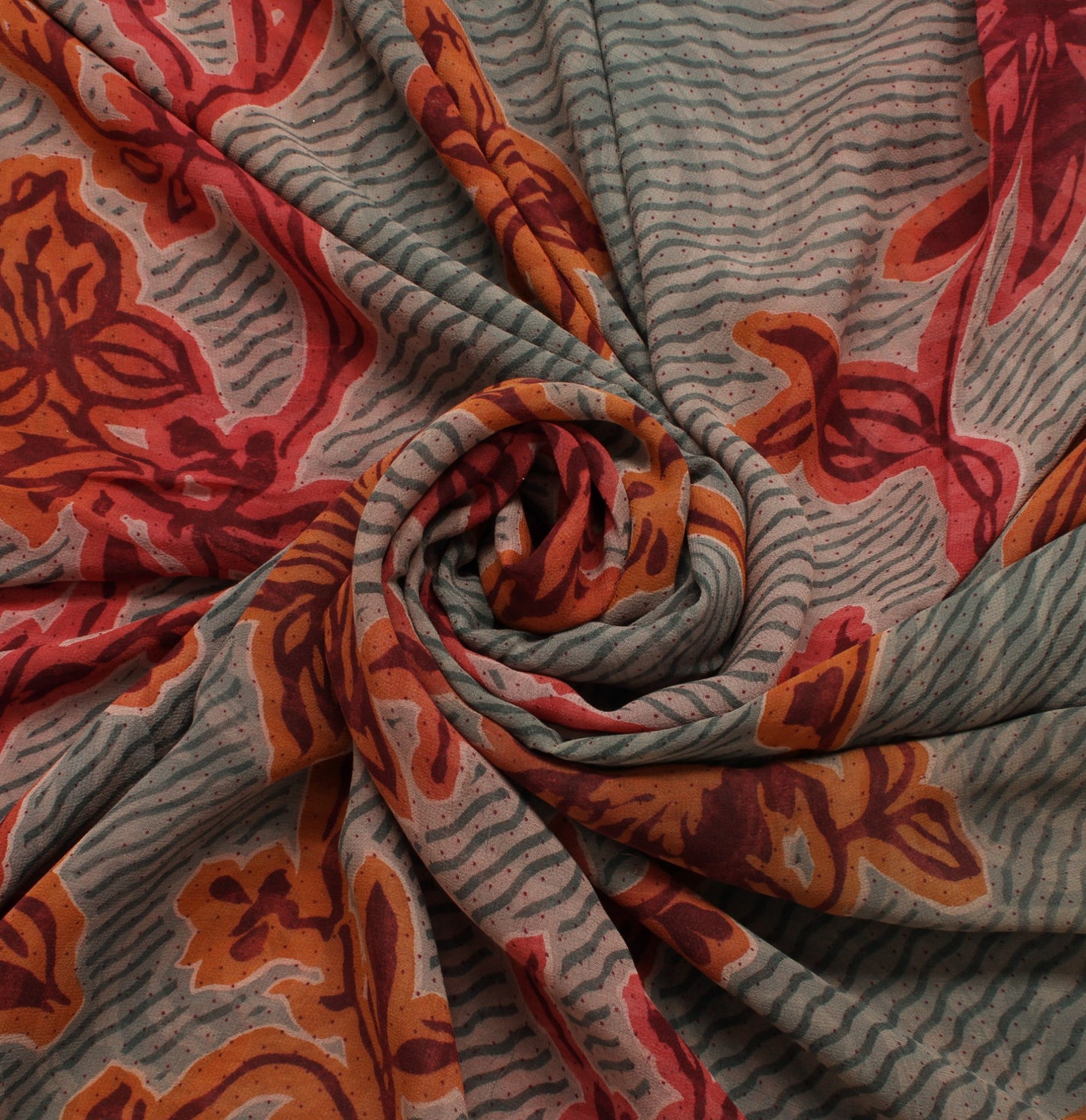 Sushila Vintage Gray Saree 100% Pure Georgette Silk Printed Floral Craft Fabric