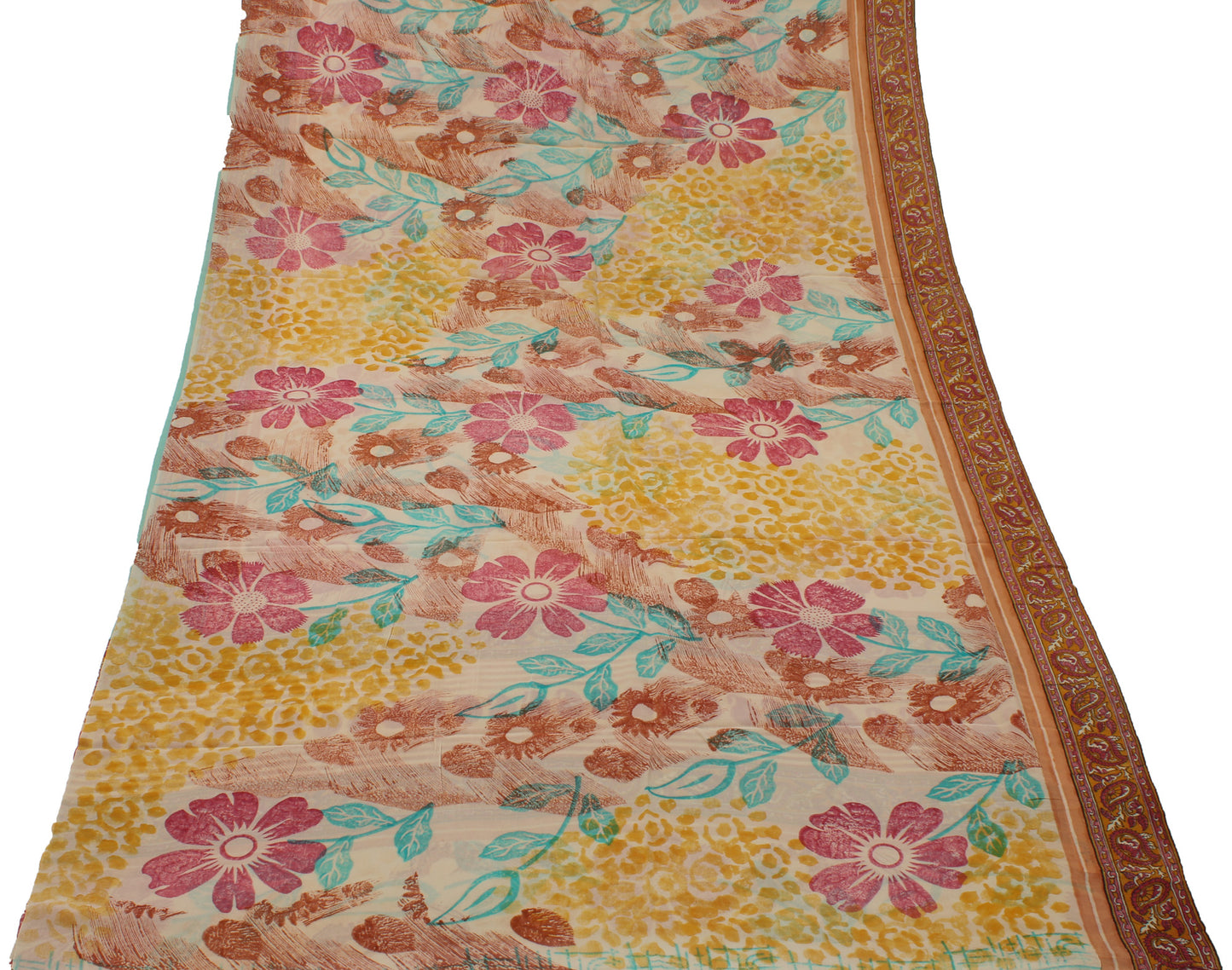 Sushila Vintage Cream Saree 100% Pure Georgette Silk Printed Floral Craft Fabric