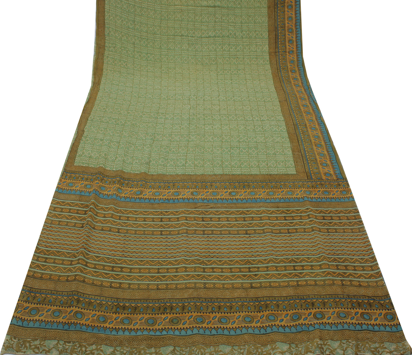 Sushila Vintage Green Sari Pure Georgette Silk Printed Abstract Craft 5YD Fabric