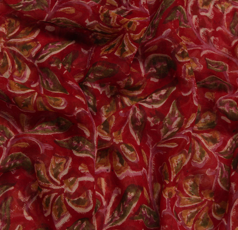 Sushila Vintage Red Saree 100% Pure Georgette Silk Printed Floral Craft Fabric