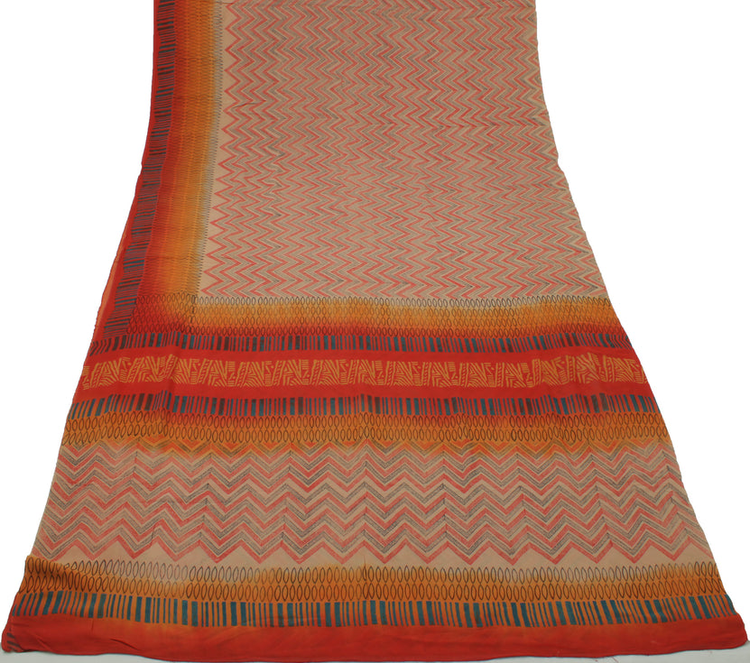 Sushila Vintage Cream Sari 100% Pure Georgette Silk Printed Zig-Zag Craft Fabric
