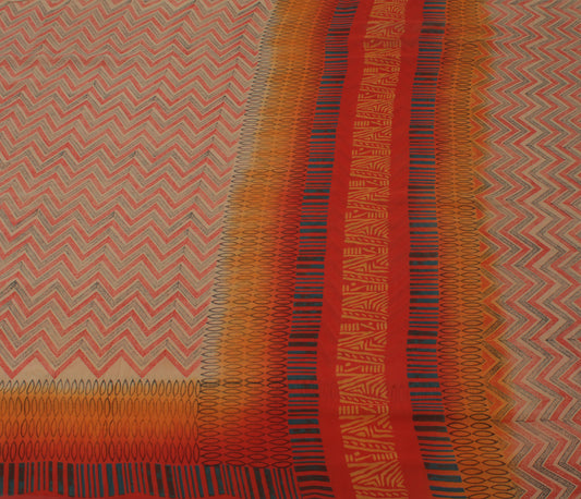 Sushila Vintage Cream Sari 100% Pure Georgette Silk Printed Zig-Zag Craft Fabric