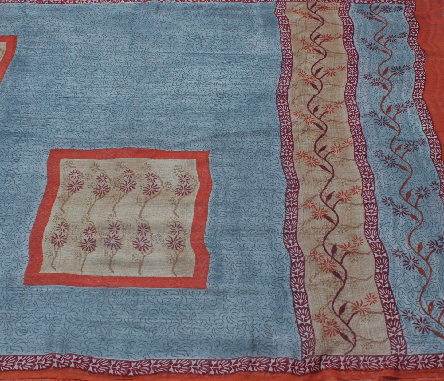 Sushila Vintage Gray Saree 100% Pure Georgette Silk Printed Floral Craft Fabric
