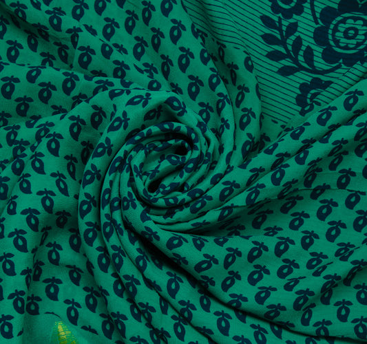 Sushila Vintage Green Saree 100% Pure Georgette Silk Printed Floral Craft Fabric