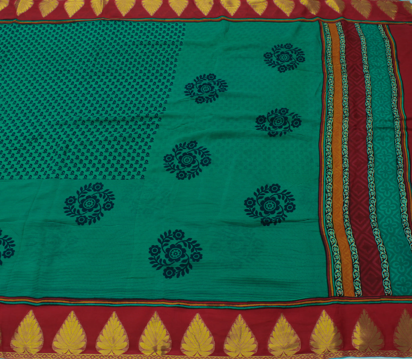 Sushila Vintage Green Saree 100% Pure Georgette Silk Printed Floral Craft Fabric