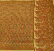 Sushila Vintage Cream Sari 100% Pure Georgette Silk Printed Paisley Craft Fabric