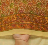 Sushila Vintage Cream Sari 100% Pure Georgette Silk Printed Paisley Craft Fabric