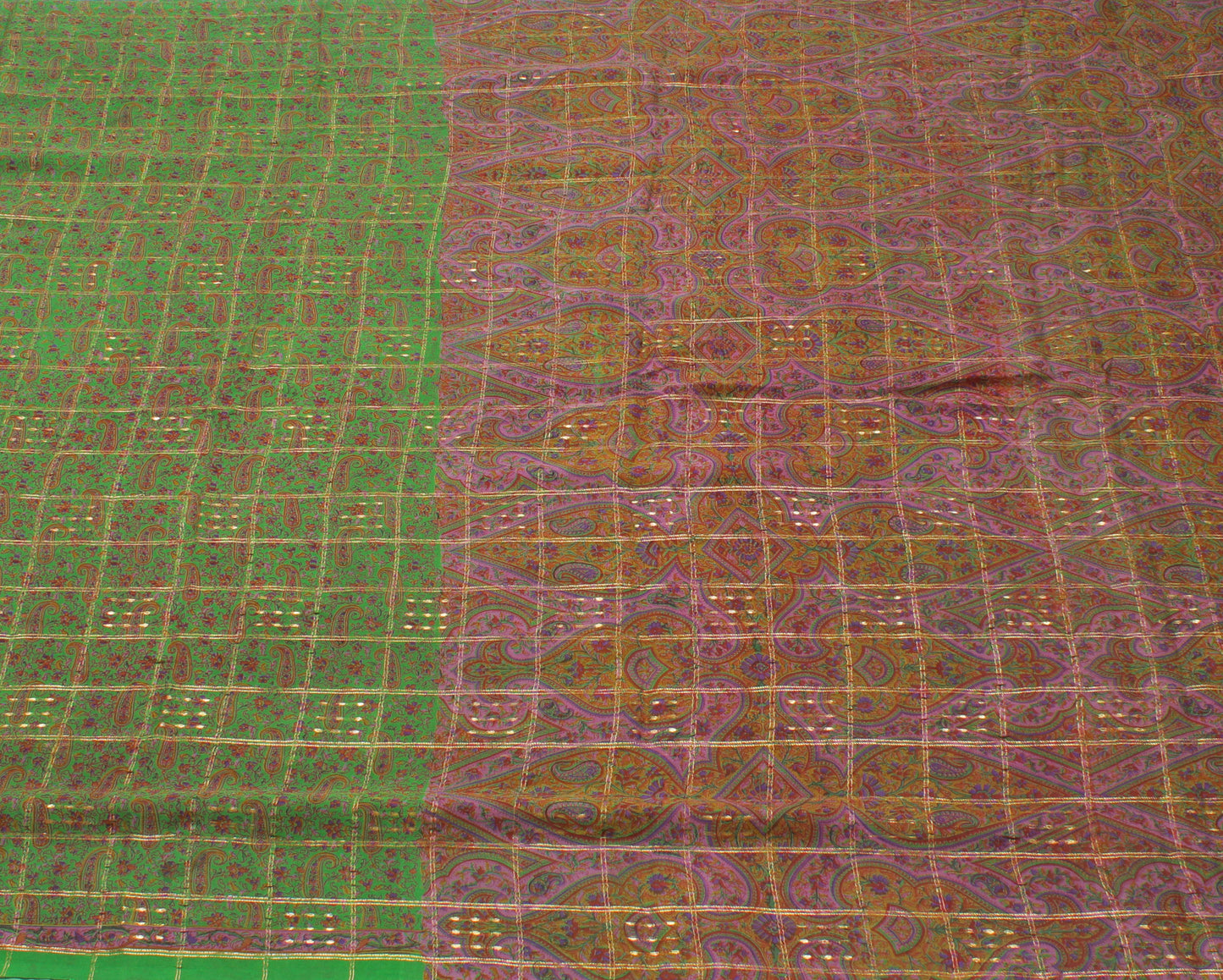 Sushila Vintage Green Sari 100% Pure Georgette Silk Printed Paisley Craft Fabric