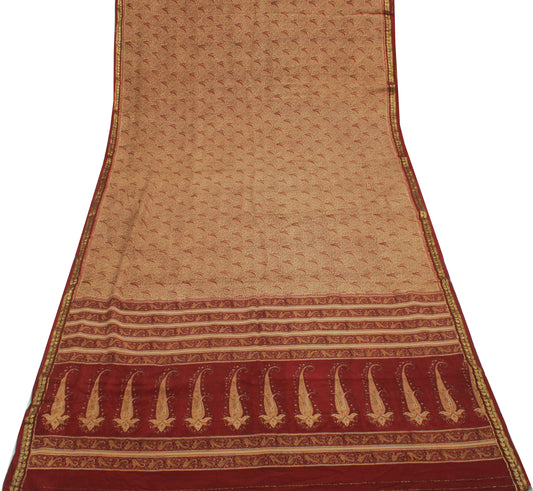 Sushila Vintage Brown Sari 100% Pure Georgette Silk Printed Paisley Craft Fabric