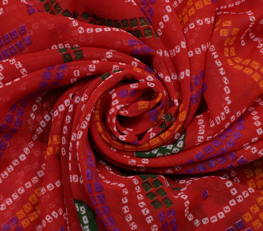 Sushila Vintage Red Saree Blend Georgette Silk Bandhani Printed Craft Fabric