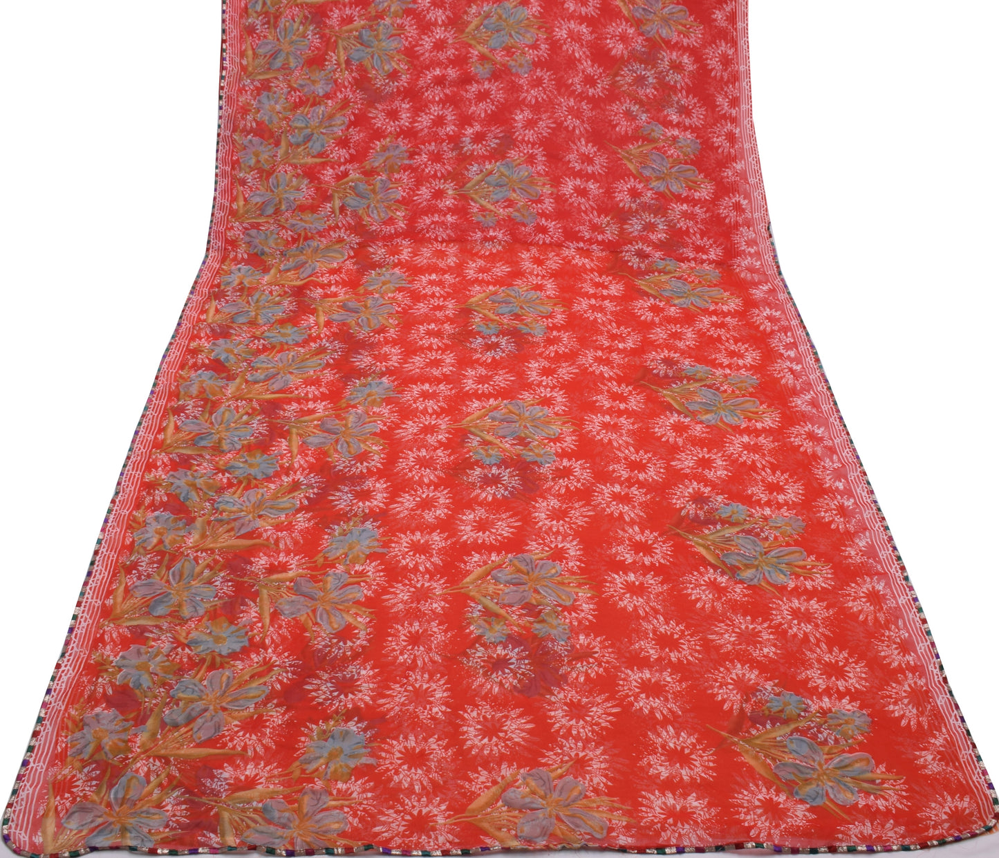 Sushila Vintage Red Saree Blend Georgette Silk Printed Floral 5 YD  Craft Fabric