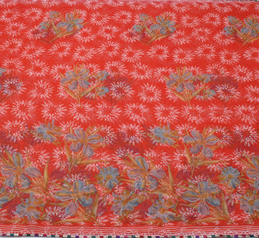 Sushila Vintage Red Saree Blend Georgette Silk Printed Floral 5 YD  Craft Fabric
