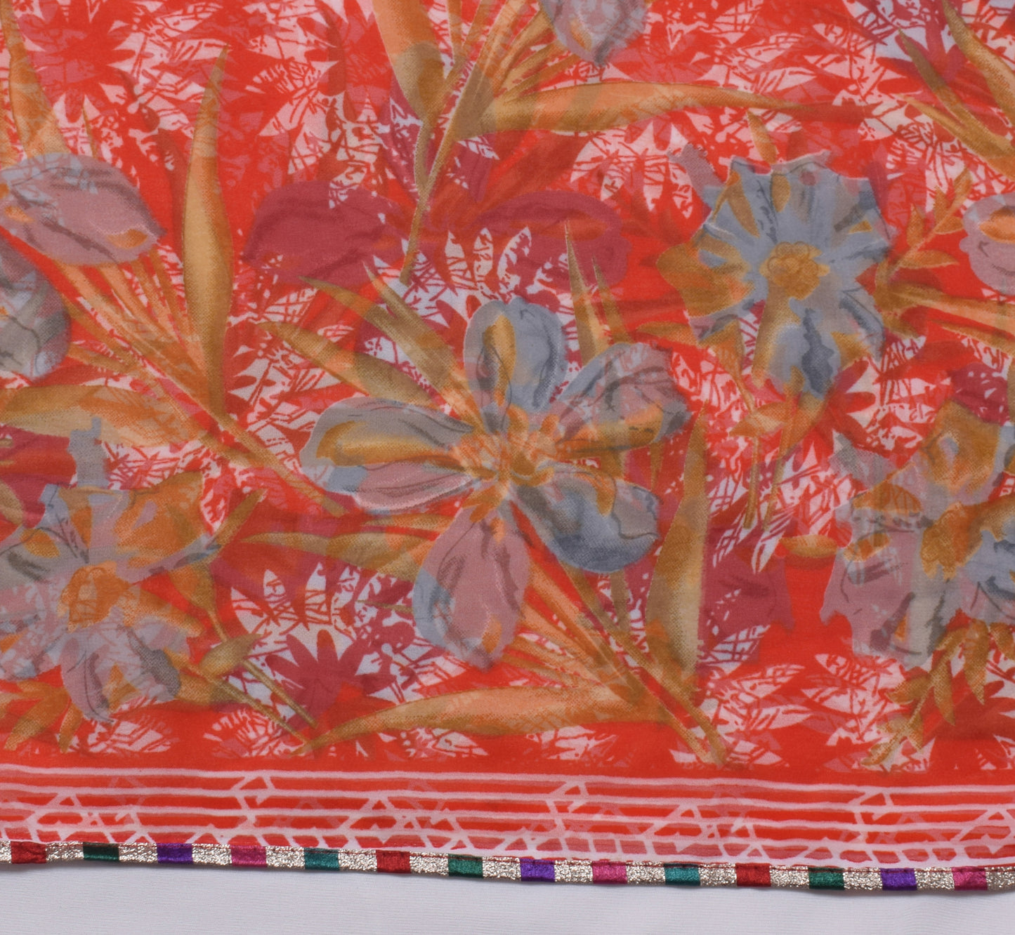 Sushila Vintage Red Saree Blend Georgette Silk Printed Floral 5 YD  Craft Fabric