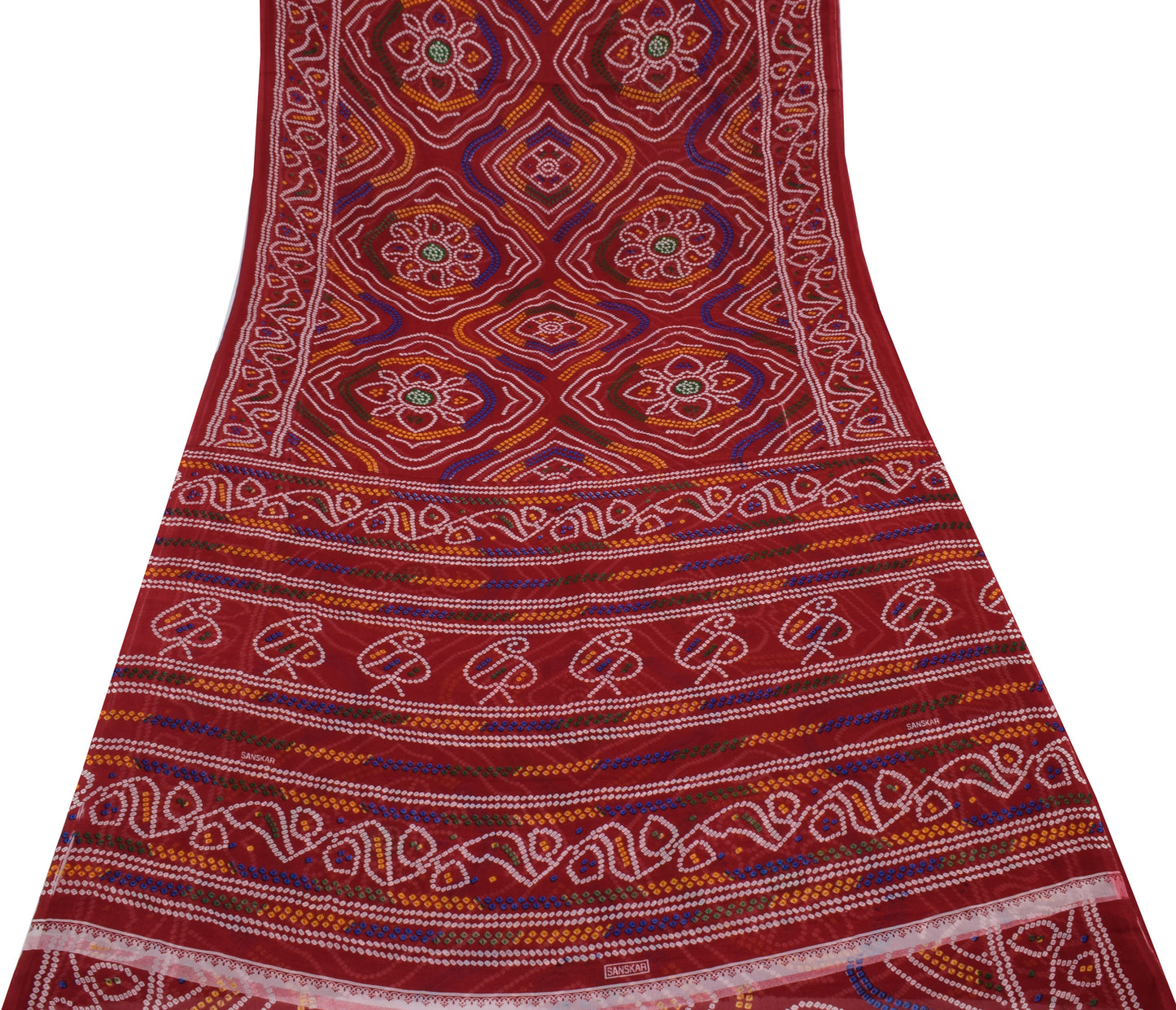 Sushila Vintage Red Saree Blend Georgette Silk Bandhani Printed Craft Fabric