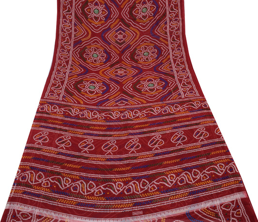 Sushila Vintage Red Saree Blend Georgette Silk Bandhani Printed Craft Fabric