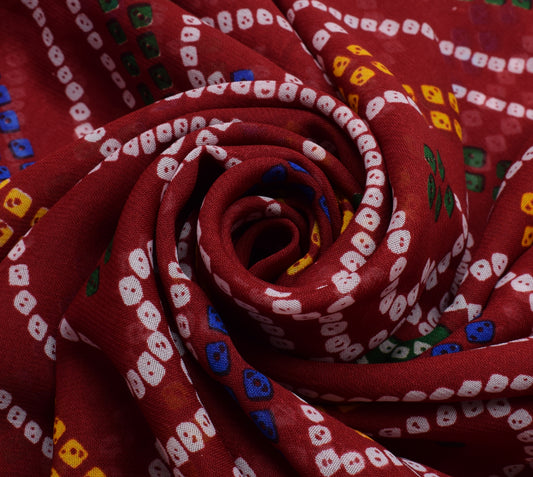 Sushila Vintage Red Saree Blend Georgette Silk Bandhani Printed Craft Fabric