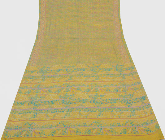 Sushila Vintage Yellow Sari 100% Pure Georgette Silk Printed Floral Craft Fabric