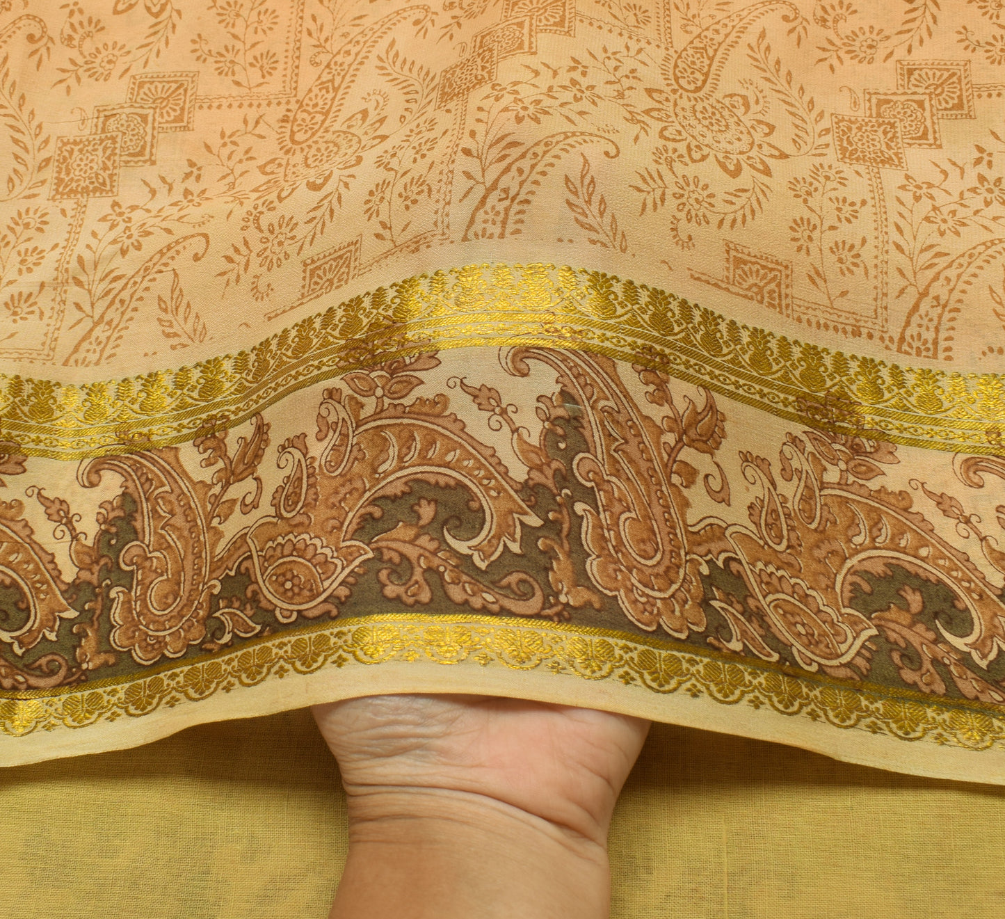 Sushila Vintage Light Brown Sari Pure Georgette Silk Printed Floral Craft Fabric