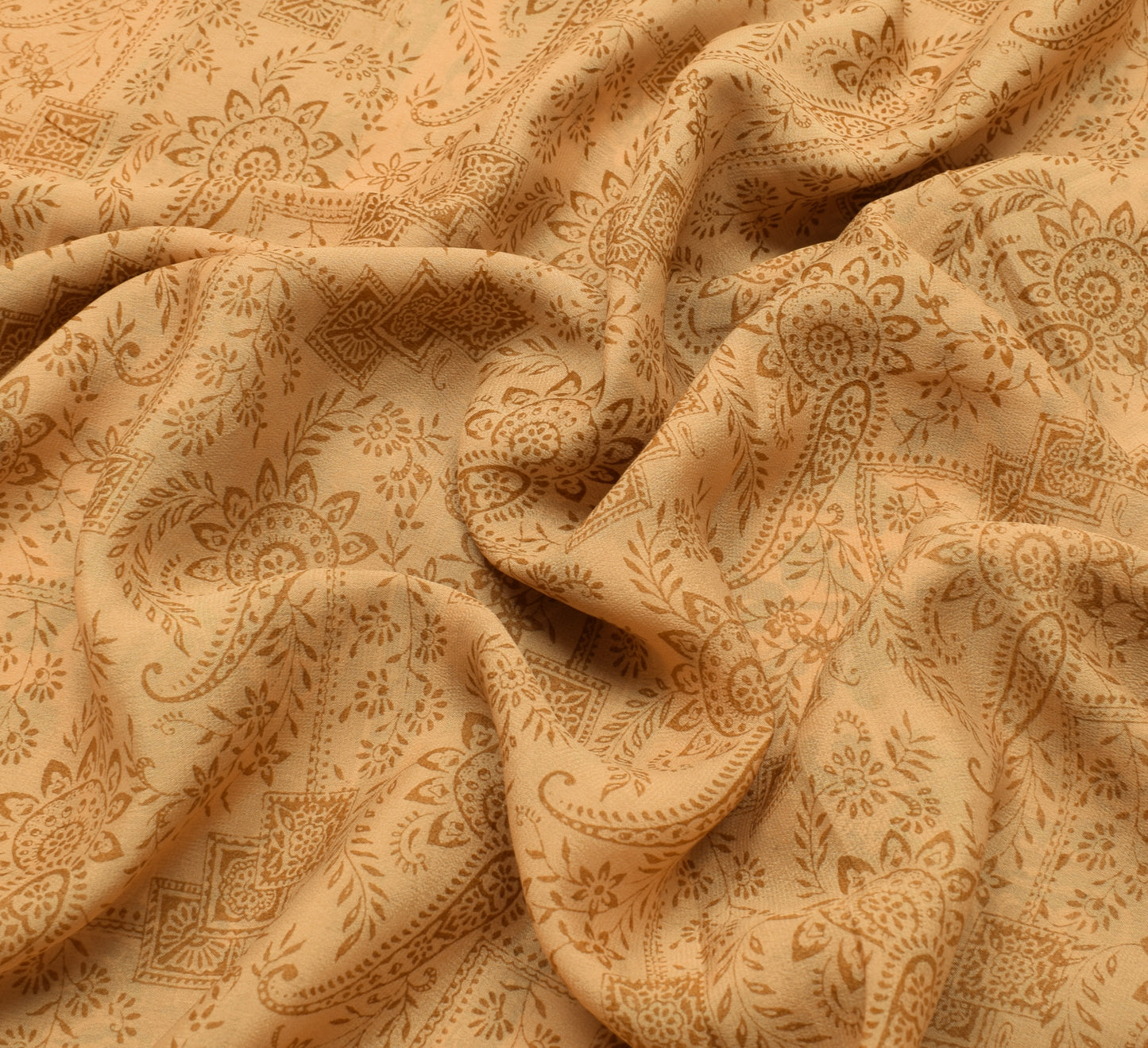 Sushila Vintage Light Brown Sari Pure Georgette Silk Printed Floral Craft Fabric