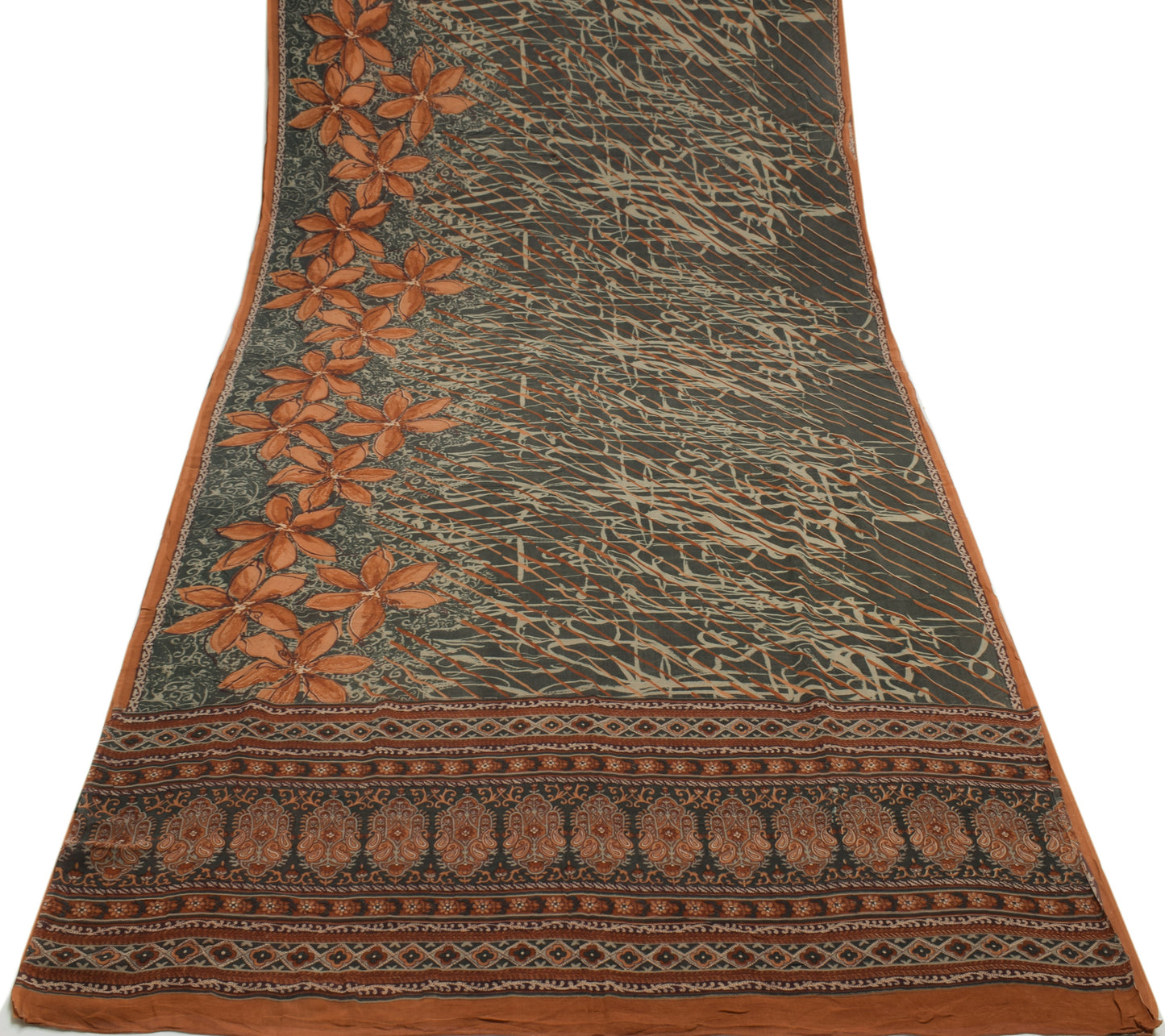 Sushila Vintage Gray Saree 100% Pure Georgette Silk Printed Floral Craft Fabric