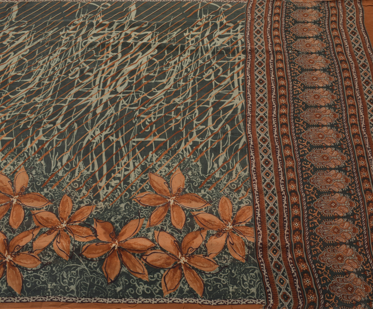 Sushila Vintage Gray Saree 100% Pure Georgette Silk Printed Floral Craft Fabric