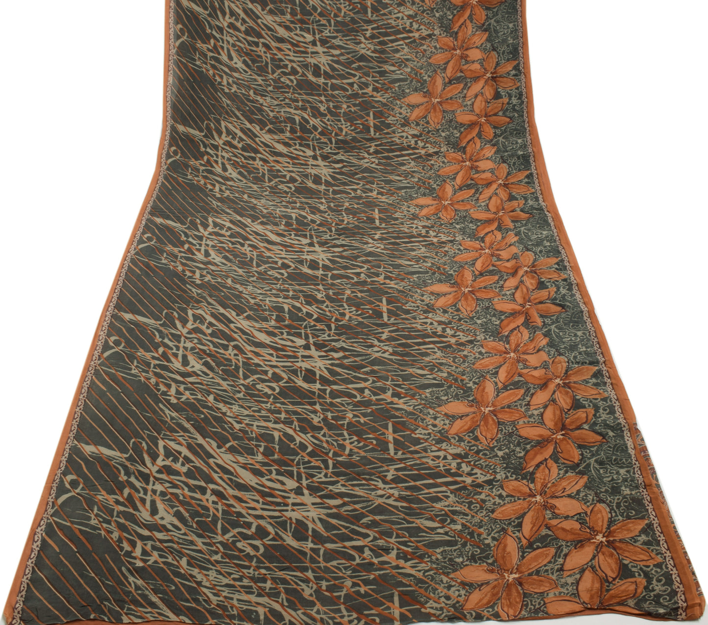 Sushila Vintage Gray Saree 100% Pure Georgette Silk Printed Floral Craft Fabric