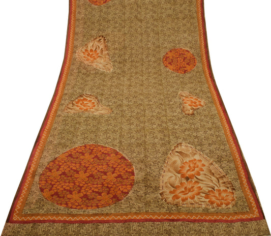Sushila Vintage Brown Saree 100% Pure Georgette Silk Printed Floral Craft Fabric