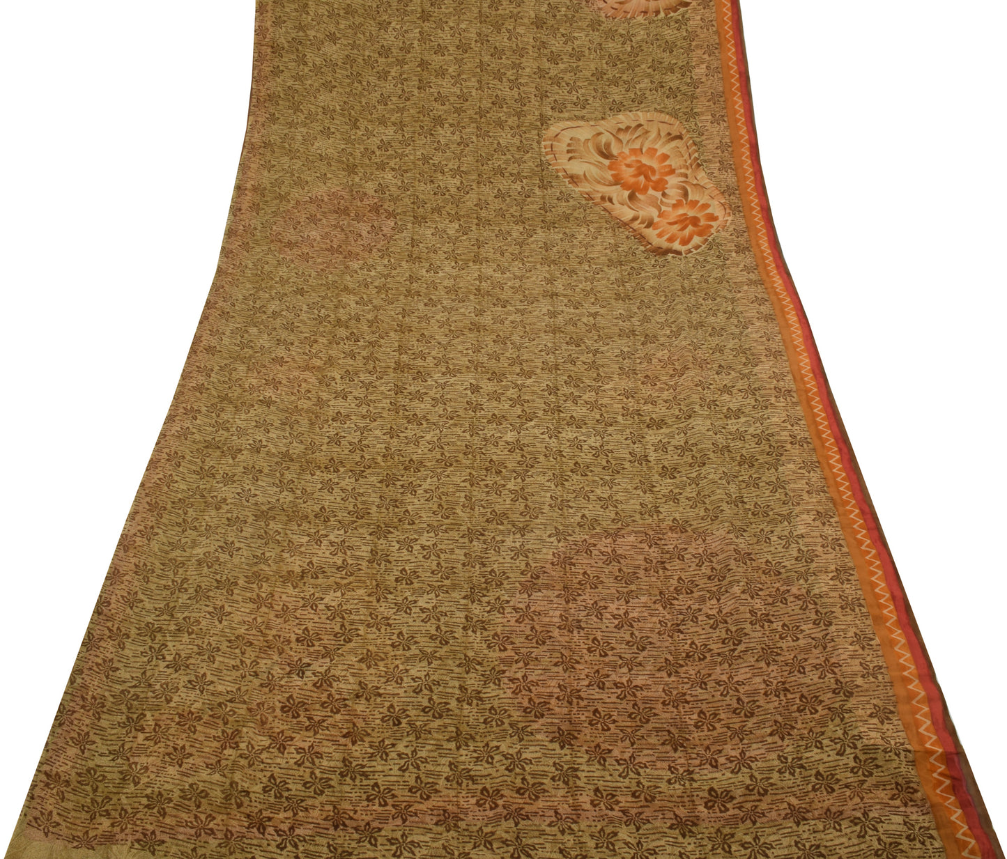 Sushila Vintage Brown Saree 100% Pure Georgette Silk Printed Floral Craft Fabric