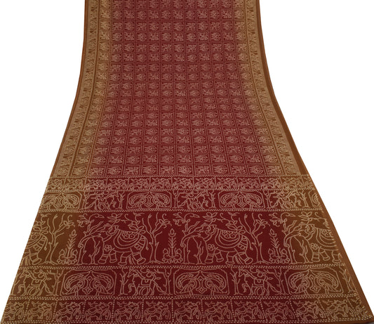 Sushila Vintage Maroon Saree Blend Georgette Silk Bandhani Printed Craft Fabric